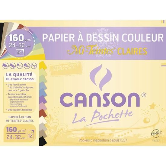CANSON - Pochette papier dessin Mi-Teinte - 24 x 32 cm - 160g - 12 feuilles - Couleurs claires
