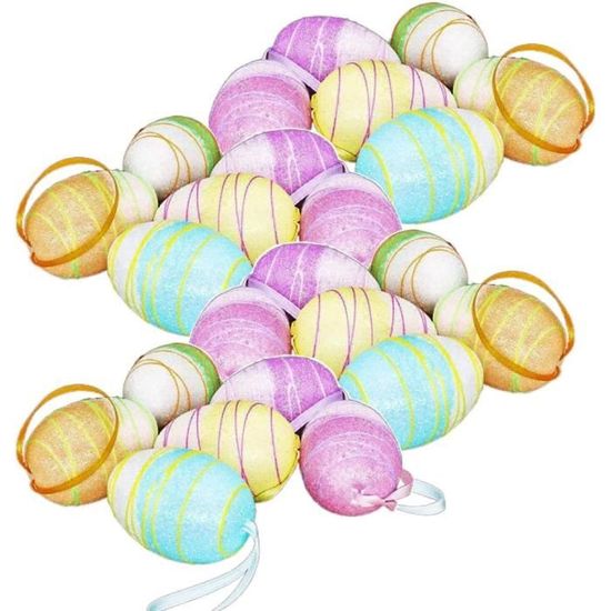 24 Œufs De Pâques Plastique à Suspendre – Décorations Peintes Main 4x3 Cm, Couleurs Vives Et Motifs Printaniers Avec Corde