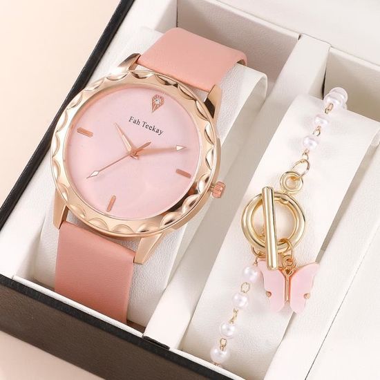 Coffret montre femme + bracelet – mode perle papillon bracelet en cuir fille rose cadeau