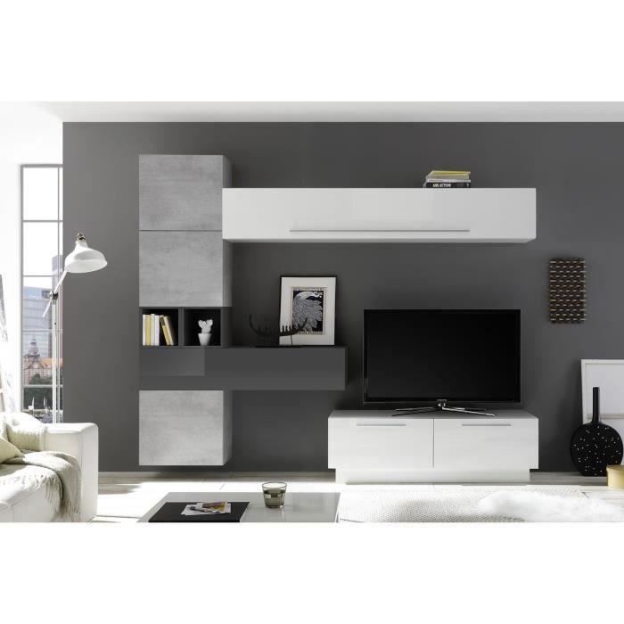 LUDOVICA 8 LAQUE BLANC ET BETON ET GRIS ENSEMBLE COMPOSITION MURALE MEUBLE TV TENDANCE