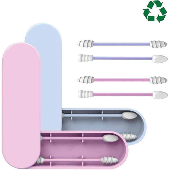 KafooStore Lot de 2 Coton Tiges en Silicone Réutilisables et Lavables – Double tête – Nettoyage des oreilles, maquillage des yeux
