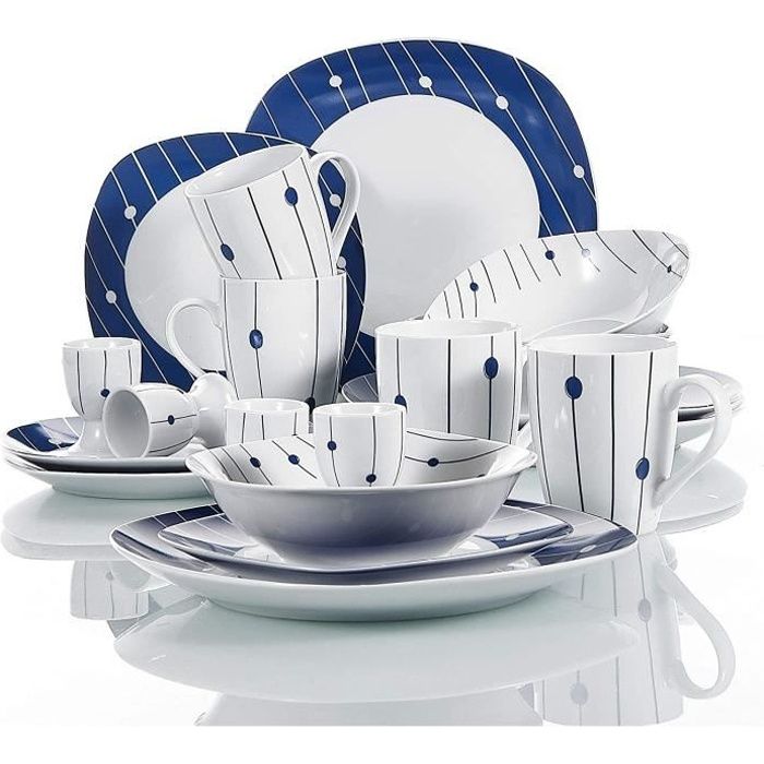 VEWEET 'Dot', Service de petit déjeuner en porcelaine - Service de table de 20 pièces avec bols à céréales de 440 ml, coquetier, ta