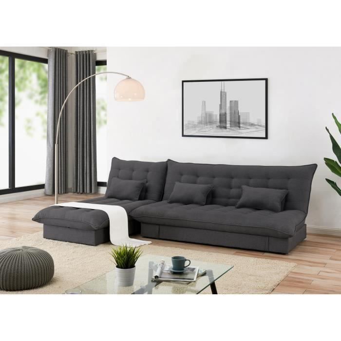 Canapé d'angle convertible et modulable en tissu gris foncé