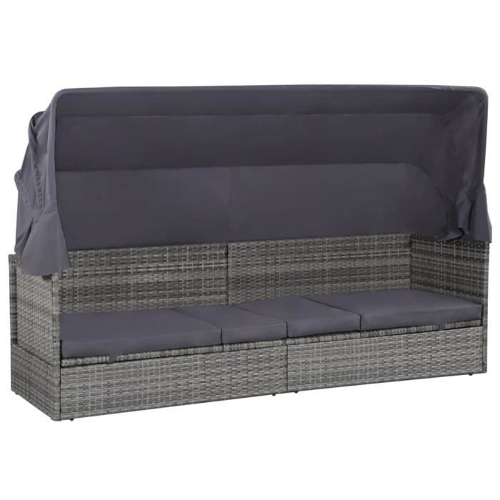 9240GENIAL® Lit de jardin,Lit-canapé d'extérieur,Salon de Jardin - Bain de Soleil Transat avec auvent Gris 205x62 cm Résine tressée