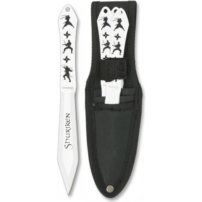 Jeu de 3 couteaux à lancer Albainox Shuriken, acier inoxydable, à simple tranchant, taille totale 16,9 cm, pochette en nylon, 32155