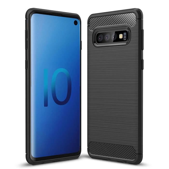Coque Samsung Galaxy S10, Noir Fibre de Carbone Silicone Souple Couleur Pure Élégante Durable Antichoc Protection