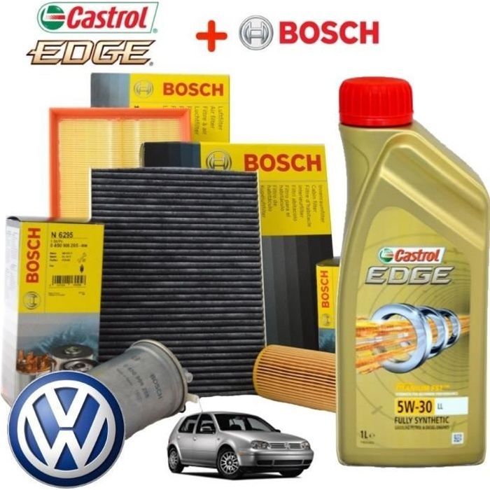 KIT DE VIDANGE 4 FILTRES BOSCH + 5 L HUILE MOTEUR CASTROL EDGE 5W30 VW GOLF IV 96 KW DU 11.00