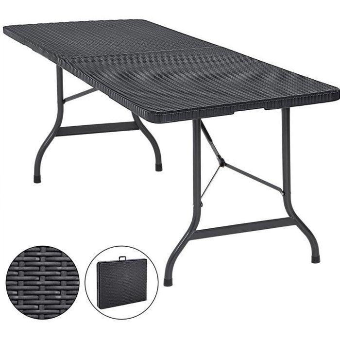 Table de Jardin Pliable Plastique polyrotin Noir 180cm fête Buffet Jardin Camping Party Table Pliante Jardin poignée de Transport