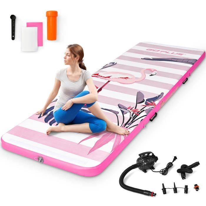 COSTWAY Tapis de Gymnastique Gonflable 300x100x10CM Étanche avec Pomp à Air 500W Kit de Réparation Sac Portable pour Yoga Rose