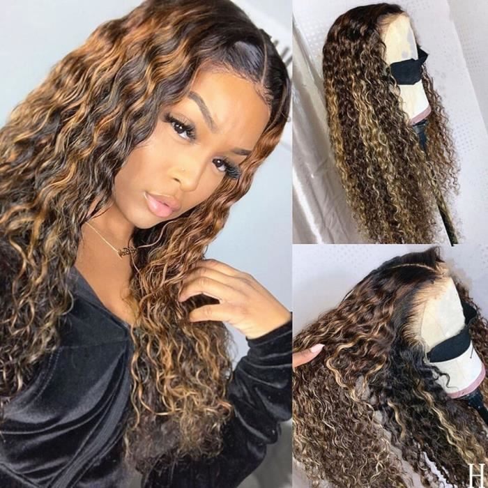 16'' Perruque Lace Front Wig Remy Brésilienne Bouclée Cheveux Naturels Blond Miel Ombré Deep Water Wig