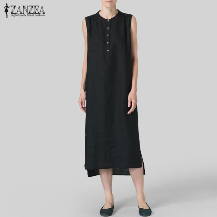 Femme poches latérales robe sans manches de couleur unie ourlet irrégulier loisirs et confort