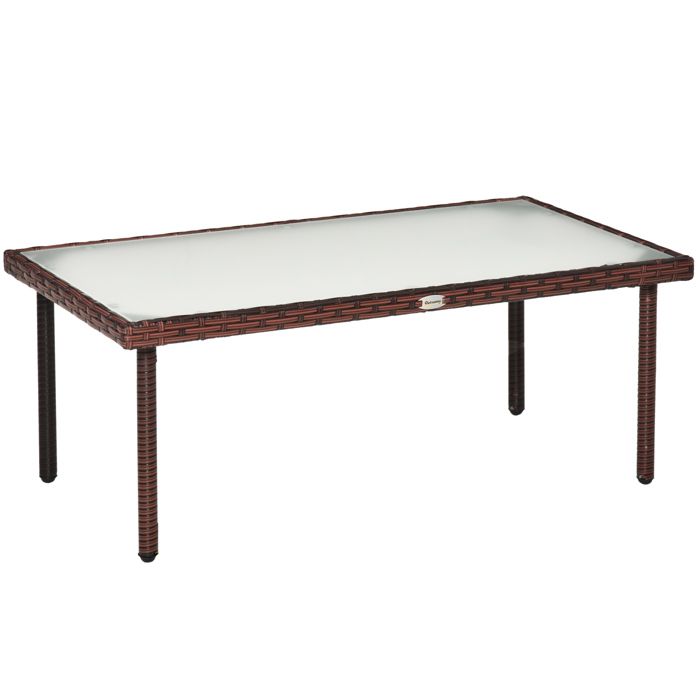 Table basse de jardin plateau verre trempé 5 mm résine tressée imitation rotin chocolat 90x50x35cm Marron