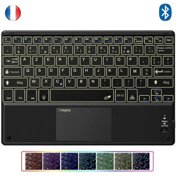 Ovegna BT14: Clavier Bluetooth 3.0 Ultra-Fin (AZERTY), rétro-éclairé par LED (7 Couleurs), Pavé Tactile, Batterie Lithium