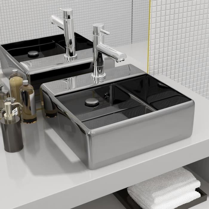 Lavabo salle de bain-Vasque à poser Evier avec trop-plein 41 x 41 x 15 cm Céramique Argenté