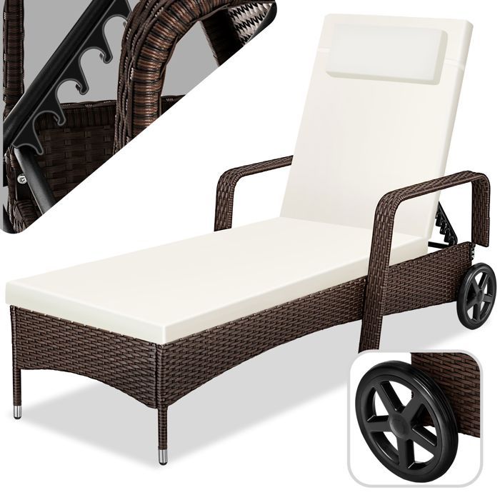 TECTAKE Bain de Soleil de Jardin Réglable à Roulettes en Résine Tressée 200 cm x 70 cm x 33 cm Marron + Coussin