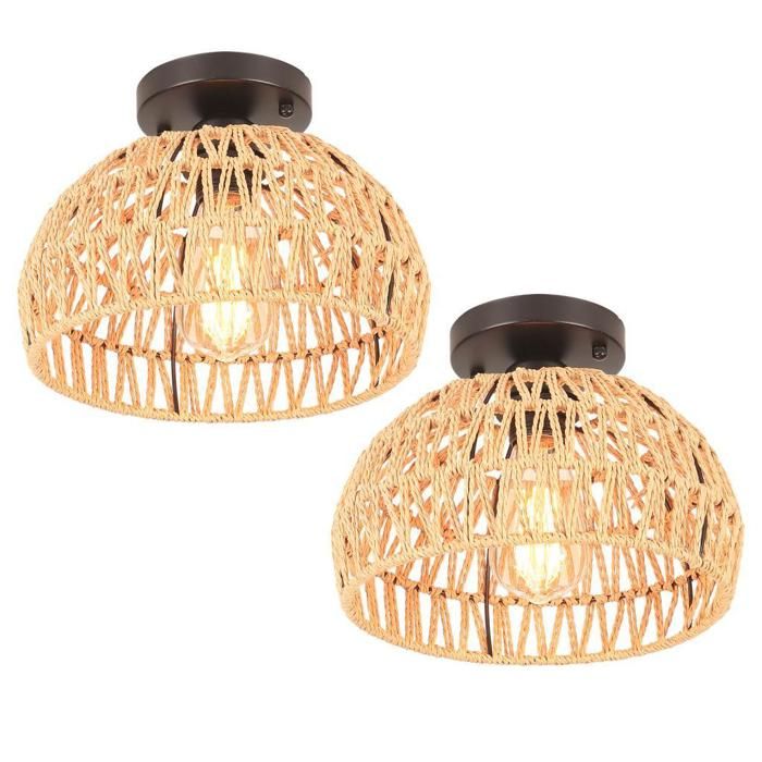 WOTTES Plafonnier Vintage Industrielle E27 Lampe de Plafond Rétro Ø25cm Abat-jour Cage Ronde en Métal Noir et Rotin 2PCS