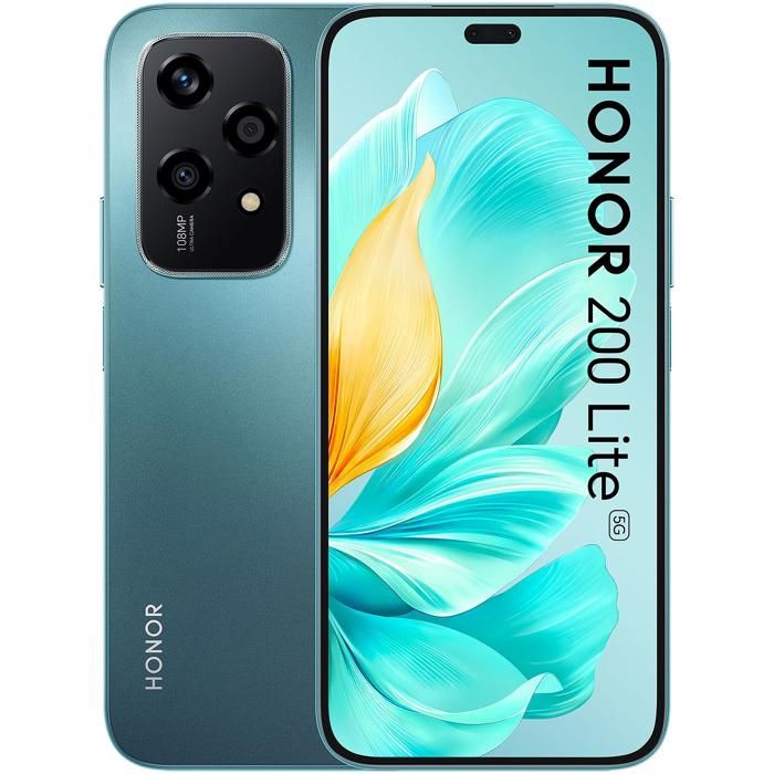HONOR 200 Lite 5G 8Go 256Go Cyan Téléphone MediaTek Dimensity 6080 6.7” AMOLED 90Hz Caméra principale 108MP 4500 mAh Smartphone