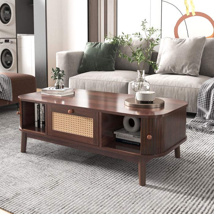Table Basse Salon - Table dappoint en Rotin - Bois Massif - Style Naturel - Meubles dentrée - Portes Coulissantes - 110x55x385cm