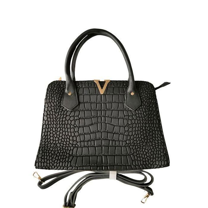 Sac à Main - Femme - Fabriqué en France - Cuir - Noir - Motif Crocodile - Bandoulière Amovible - 31 x 29 cm