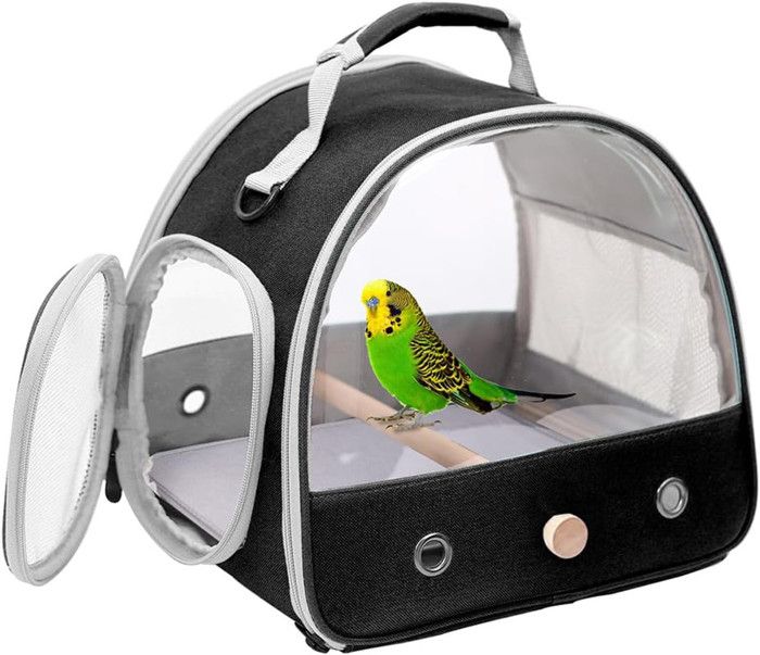 Meilleurs prix pour Petit oiseau tourer pour perruche, perroquet, perroquet, fenêtre transparente portable avec support en bois et bandoulière(noir)