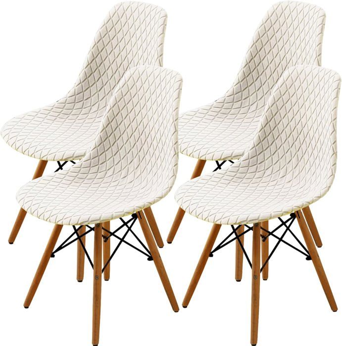 Housse de chaise extensible Jacquard diamant 4 pcs — Beige écru 91% polyester/9% spandex style scandinave Housse de chaise extensible Jacquard diamant 4 pcs — Beige écru 91% polyester/9% spandex style scandinave