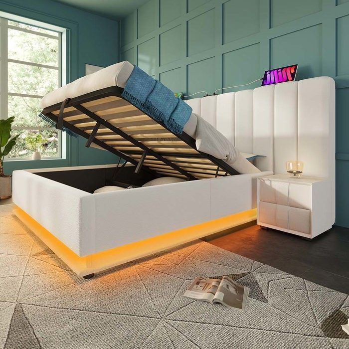 Lit 180×200 cm coffre Lit rembourré lit double de rangement avec App Control LED et USB-C Cadre de lit - SWEIKO - PU Blanc Lit 180×200 cm coffre Lit rembourré lit double de rangement avec App Control LED et USB-C Cadre de lit - SWEIKO - PU Blanc