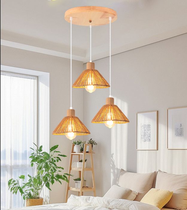 iDEGU 3lampes Lampes Suspensions Vintage 22cm Lampe de Plafond Abat-jour en Rotin et Bois Designe Chapeau Luminaire Vintage Marron