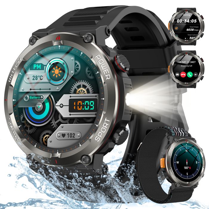 Montre Connectée Homme avec Appel Bluetooth Militaire Sport Smartwatch 100+ Sport/Fréquence Cardiaque/Boussole/960mAh Android iOS