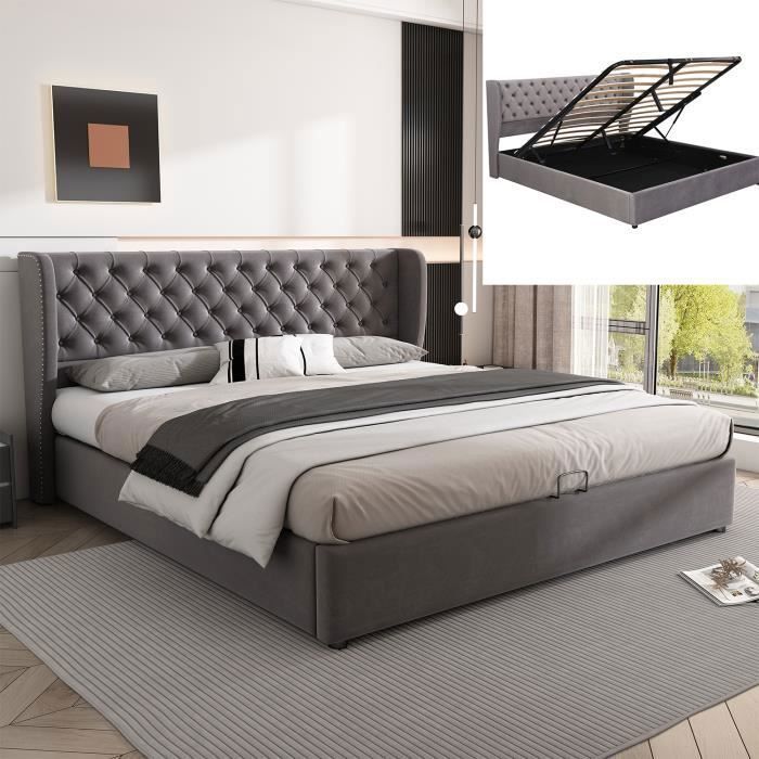 Lit capitonn contemporain MODERNLUXE - Gris - 180 x 200 cm - Coffre de rangement et sommier lattes