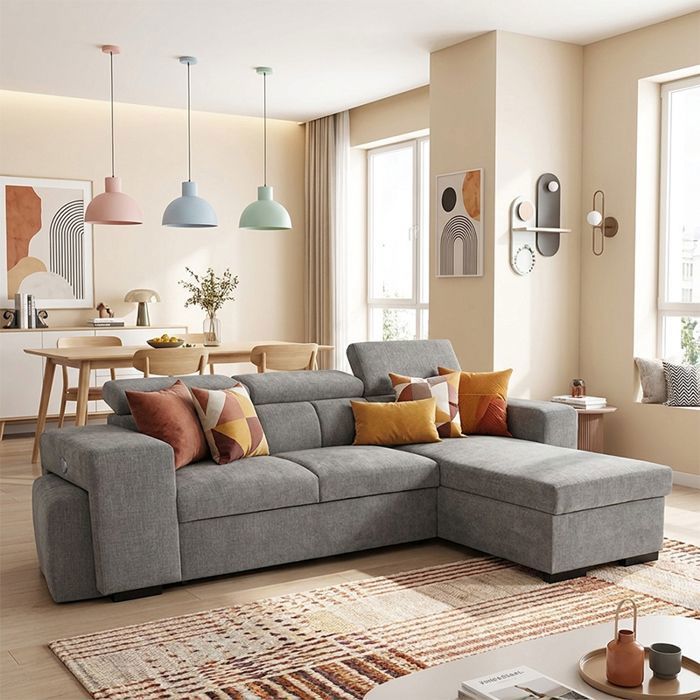 SIRIUS Canapé dangle reversible convertible gris charbon (tissu lisse) - Taille M - 4 places - 251 x 165 x 94
