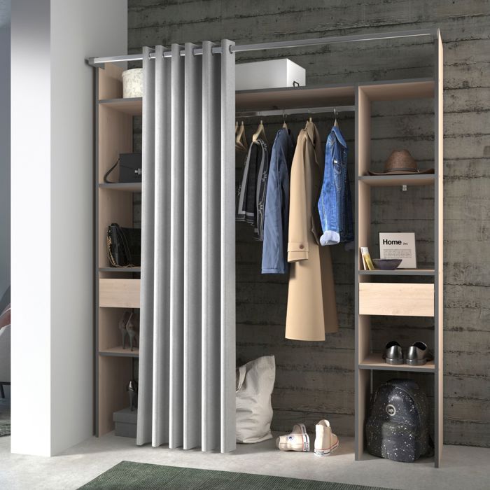 Dressing ouvert avec rideau bois et détails gris - Bois naturel - Fabriqué en France - Terre de Nuit