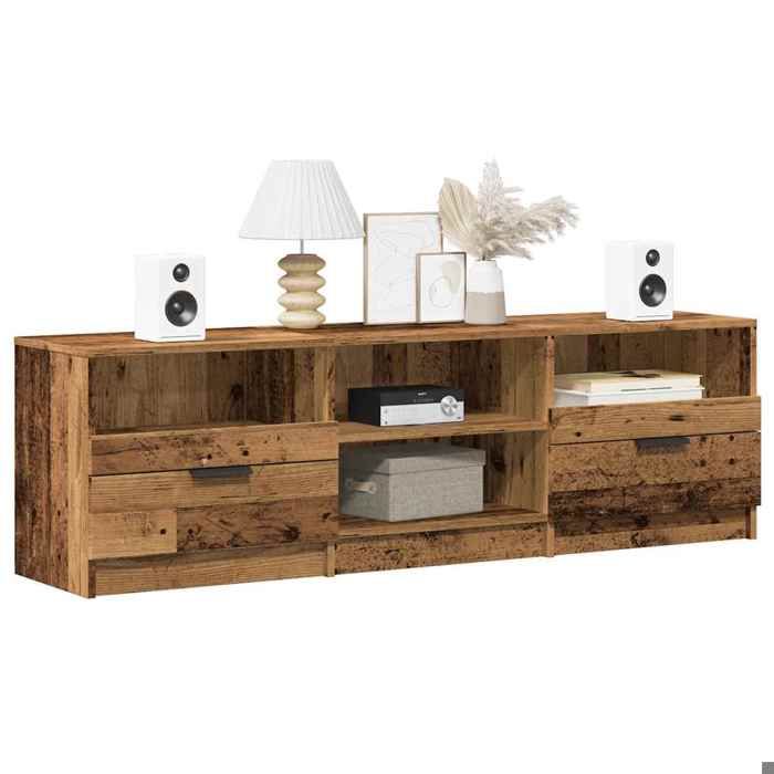 Meuble TV vieux bois - Happiness - 150x335x45 cm - Bois dingénierie - 3 tiroirs - 3 étagères - Capacité 60 kg