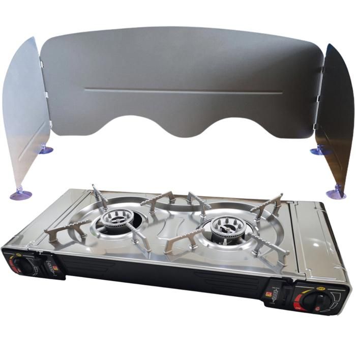 PACK INCASA R&eacute;chaud &agrave; Gaz Portable 2 feux + Pare-flammes &agrave; ventouses - Camping