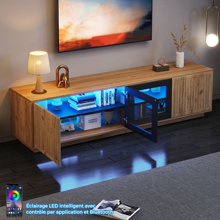 Meuble TV 180 cm Bois Avec LED Contrôle par App Portes en Verre Console Tv Moderne Avec Rangement pour Jusqu’à 75 Pouces Naturel