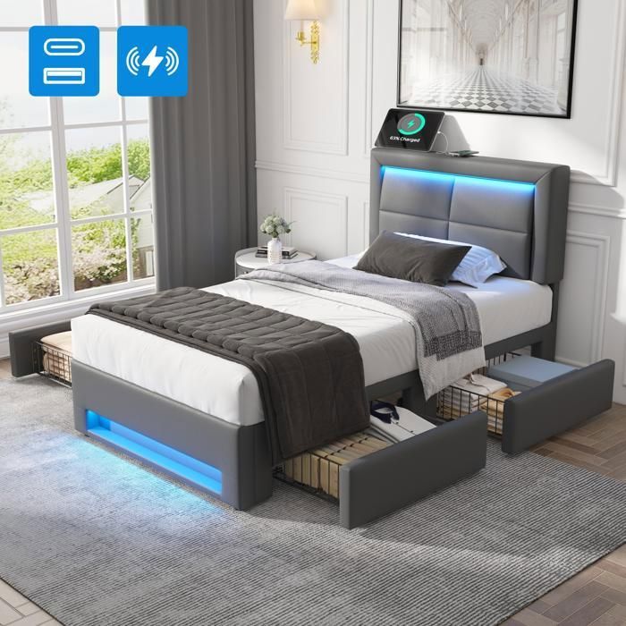 Lit Double 90×200 cm Gris PU – USB Charge (Filaire/Sans Fil) LED RGB Télécommandée 4 Tiroirs Rangement Sans Matelas