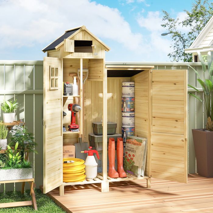Armoire de Jardin en Bois Abri de Jardin Toit en Asphalte Double Zone et Étagères Réglables 106x57x167cm Naturel