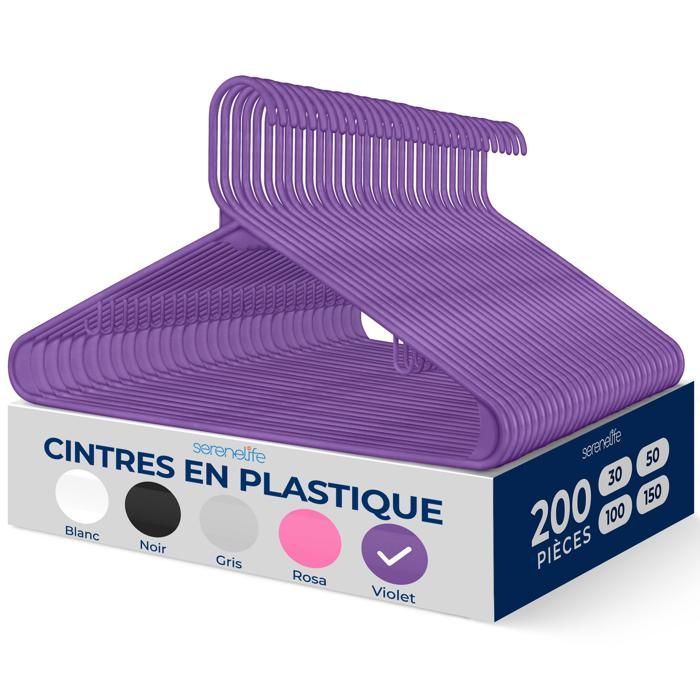 Cintres en plastique - SERENELIFE - Lot de 200 - Antidérapants - Ultra-fins gain de place - Crochets intégrés