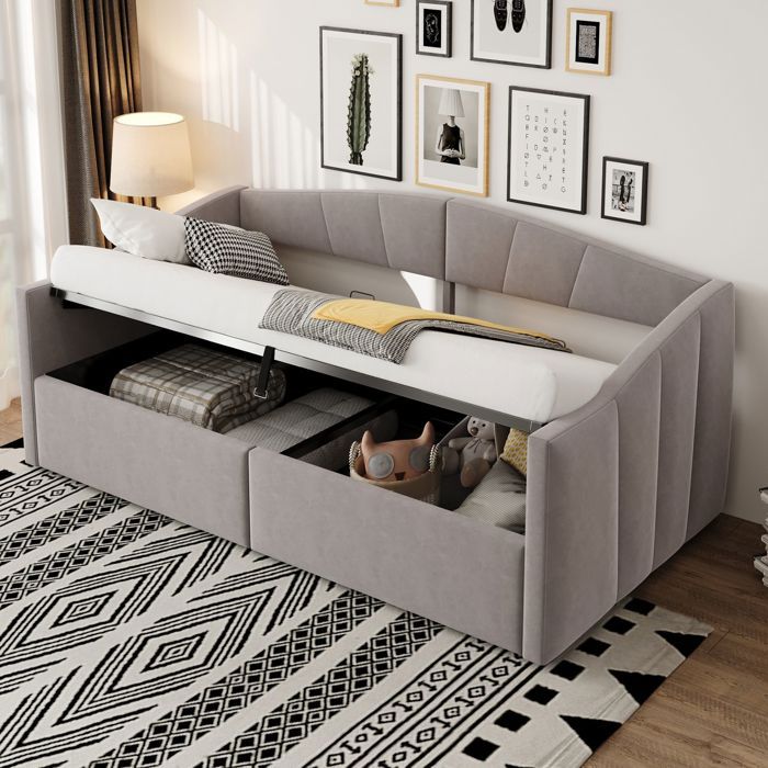Canapé‑lit - SOGEU - Canapé‑lit capitonné - Ouverture hydraulique - Velours rayé - Sommier à lattes 90x200