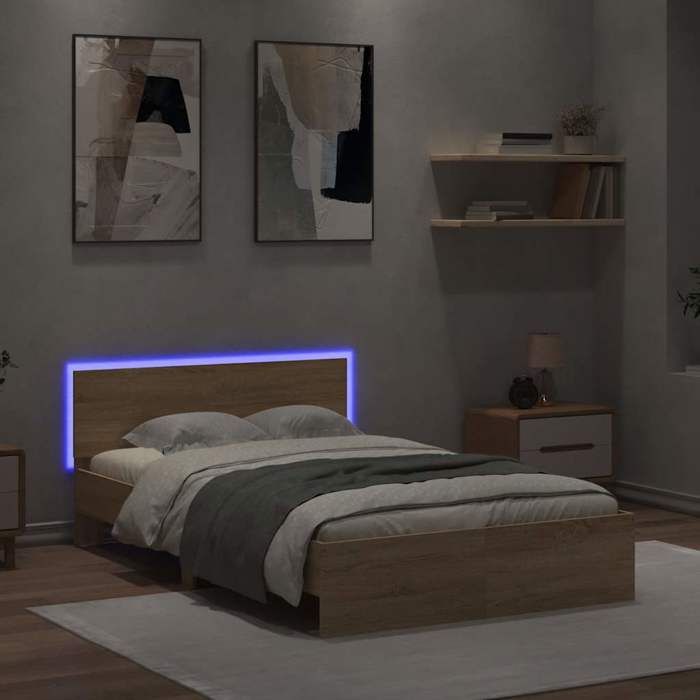 Structure de lit - avec tête de lit - et LED - chêne sonoma 120x190 cm - pour adulte/enfant iKRNb0