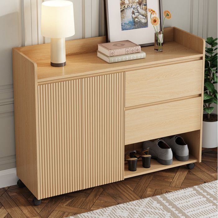 Meuble à chaussures à roulettes avec étagères réglables et tiroirs - TCQPZ - MDF naturel 110 × 35 × 86 cm