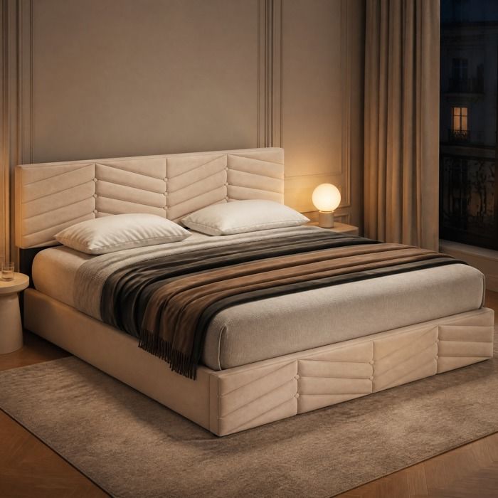 Sommier Coffre Rembourre avec Tete de Lit Reglable et Ouverture Hydraulique - ELVMI - en Velours Beige 160 × 200 cm