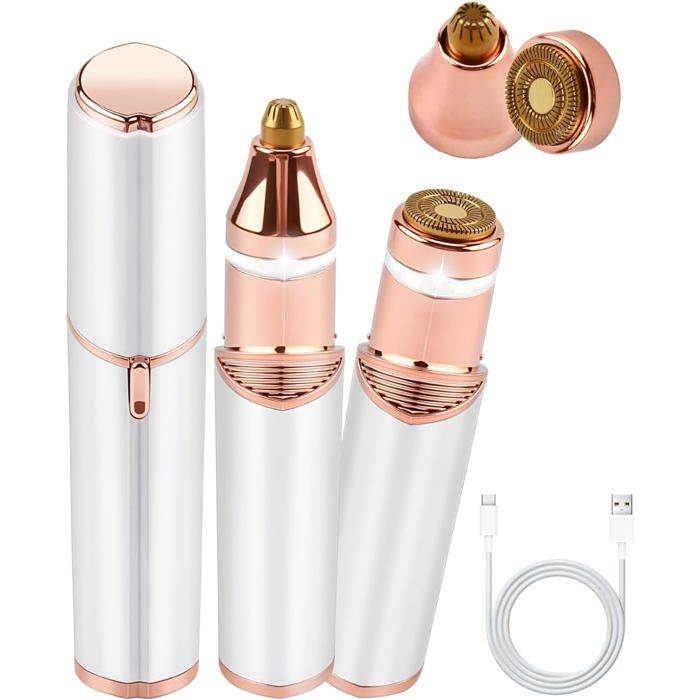 2 en 1 Épilateur Visage pour FemmesUSB Rechargeable Rasoir Visage Epilateur avec Têtes Interchangeables Lumière LED Sourcils