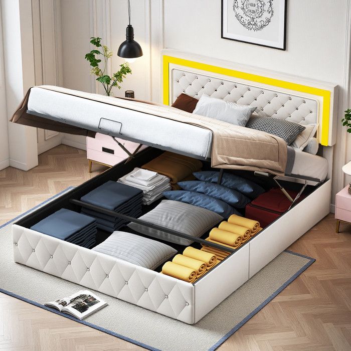 Lit coffre - 140x200 velours beige capitonné - LED RGB - Rangement hydraulique - Sommier lattes