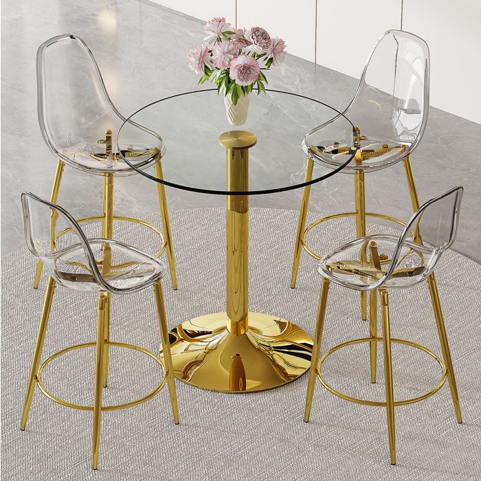 Table haute de bar 4 personnes 1 table ronde en verre 89 cm + 4 tabourets Pieds de table dorés or transparent
