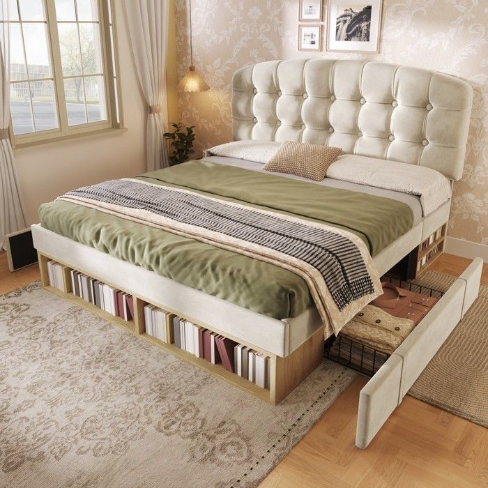 Lit double 140x190 velours beige capitonné tête lit incurvée réglable hauteur sommier lattes tiroirs rangement Sans Matelas Lit double 140x190 velours beige capitonné tête lit incurvée réglable hauteur sommier lattes tiroirs rangement Sans Matelas