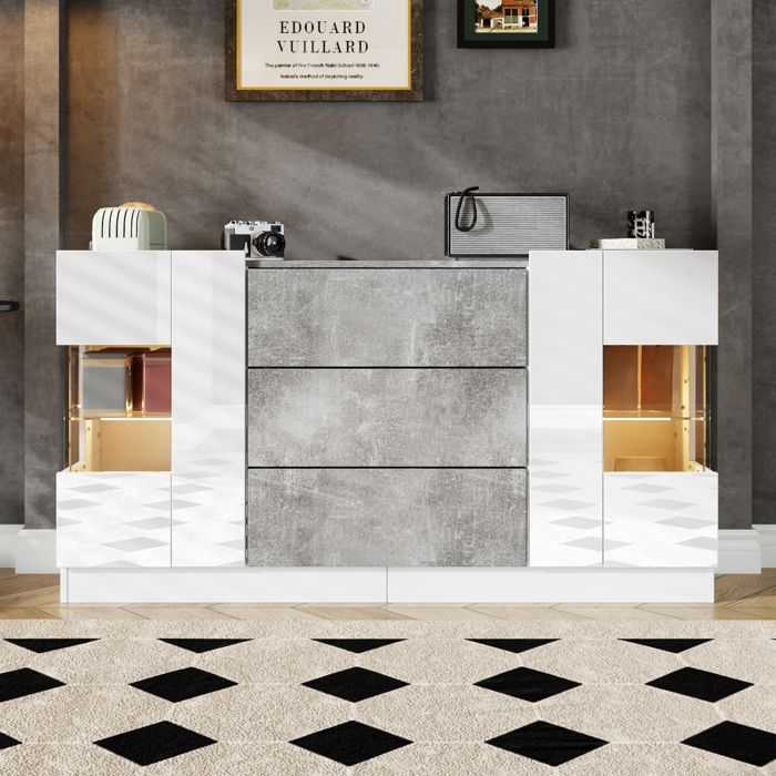 Buffet Moderne avec LEDMeuble de Rangement avec 2 Portes et 3 TiroirsFaçades Blanches Brillantes et Aspect Marbre Gris140x35x75cm