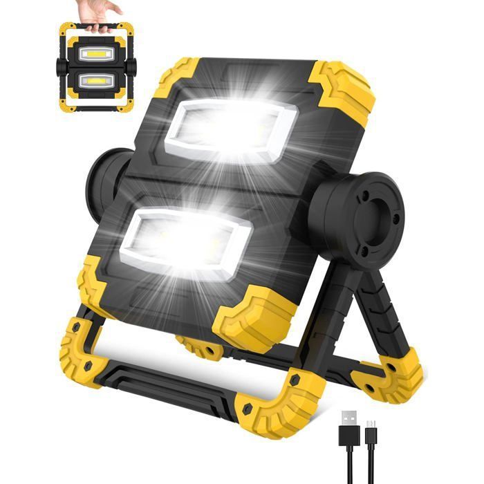 Projecteur LED rechargeable 3 modes 2 COB 1400LM rotation 360° étanche pour chantier garage camping