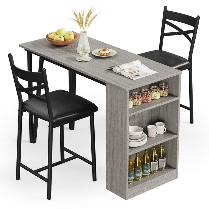 Garvee Ensemble table de bar extensible (3 p.) : table 2 chaises conf. étagères gain de place. pour 2-4 personnes - Gris.