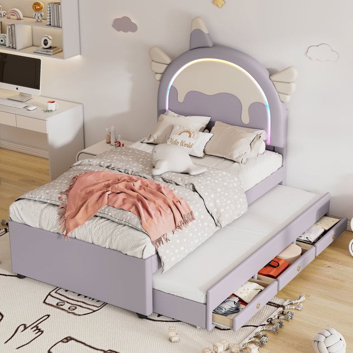 Lit gigogne enfant 90×200 cm avec tiroir et tête licorne - YEAVIO - sans matelas PU et MDF - violet