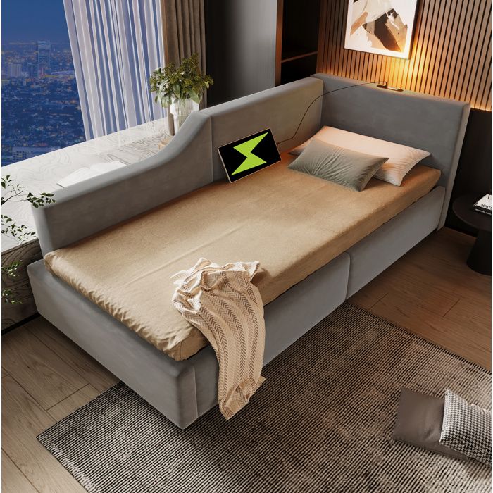 WOVREO Lit de jour 90 x 200 cm avec coffre hydraulique lampe de lecture USB-C velours gris